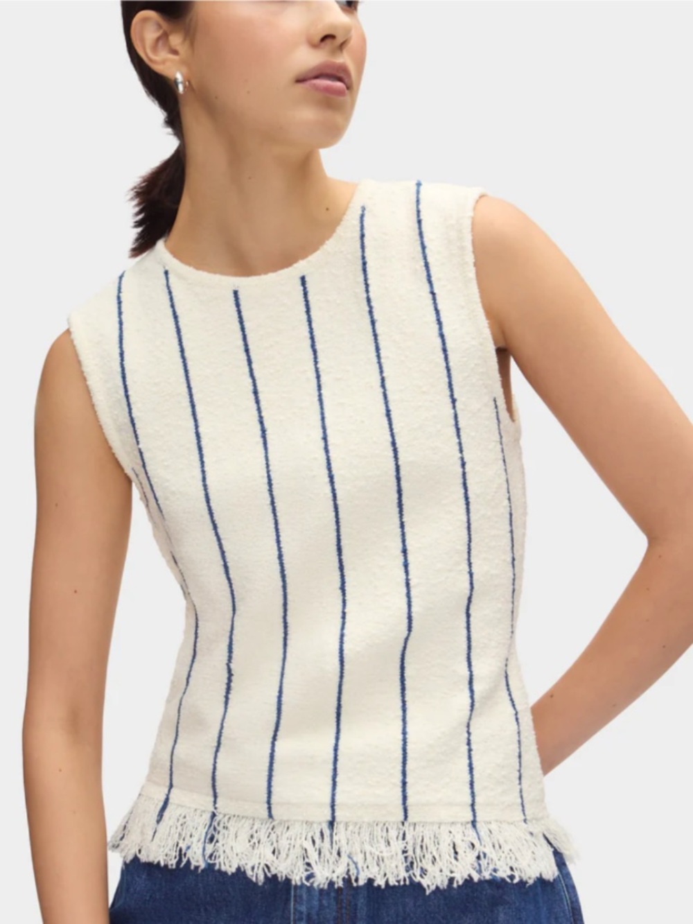Aligne Char Boucle Fringe Top in Ivory & Blue Stripe